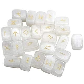 Fekuar Natural Rock Quartz Rune Stones Set Engraved Elder futhark Viking Alphabe