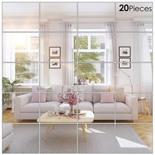 20 Pieces Mirror Sheets Self Adhesive Non Glass Mirror Tiles Wall Sticky Mirror 