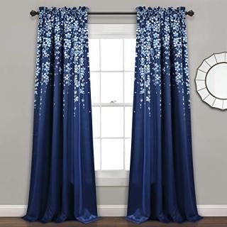 Lush Decor Navy Weeping Flowers Room Darkening Window Panel Curtain Set Pair 95