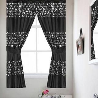 Popular Bath Sinatra Sequin Window Curtain with Tiebacks Black 36x54 Inches