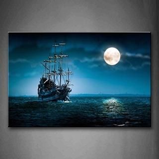First Wall Art - Blue Boat On Seascape and Moon in The Sky Wall Art Painting The