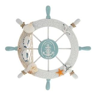White Fish - Rienar Nautical Beach Wooden Boat Ship Steering Wheel Fishing Net S