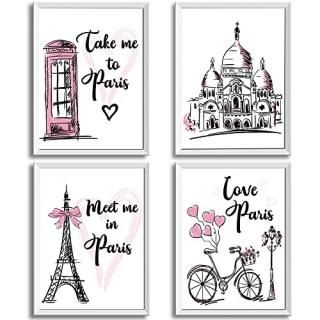 4 Pieces Paris Wall Art Prints Pink Eiffel Tower Telephone Booth Romantic Paris 