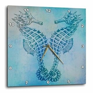 3dRose DPP_79382_2 Aqua Seahorses Beach Theme Vintage Art Wall Clock 13 by 13-In