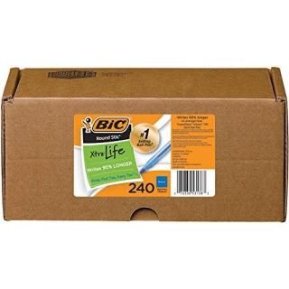 BIC GSM240BE Round Stic Xtra Life Stick Ballpoint Pen 1.2 mm Blue Ink Gray Barre