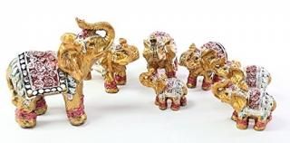 Feng Shui Set of 7  Vintage Small Gold Indian Elephant Family Statues Wealth Luc