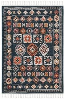 Safavieh Farmhouse Collection FMH822N Moroccan Boho Tassel Area Rug 4' x 5'4 Nav