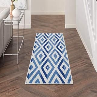 Nourison Whimsicle Modern Geometric Ivory Blue 8' Runner Area Rug  2' x 8'