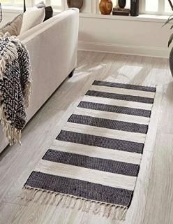 Unique Loom Chindi Rag Collection Hand Woven Striped Natural Fibers Navy Blue Ru