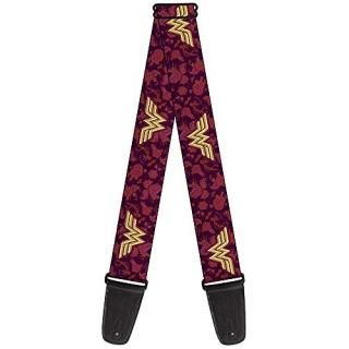 Buckle-Down Guitar Strap Wonder Woman Logo Floral Collage Purple Pinks Gold 2 In