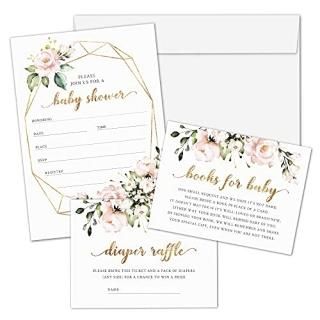 Set of 25 Pink Floral Baby Shower Invitations Diaper Raffle Tickets and Book Req