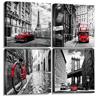 12x12inchx4 No Outside Frame - City Wall Art - Black White Cityscape Canvas Prin