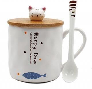 Japanese Cat Ceramics Coffee Mug Teacup with Lid and Spoon - 350ML