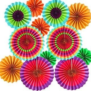 Style 1 - Set of 12 Vibrant Colourful Hanging Paper Fans Rosettes Party Decorati