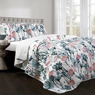 Zuri Flora Quilt Blue/Coral 3Pc Set Full/Queen