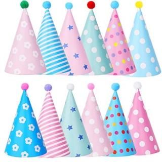Birthday Party Cone Hats with Pom Poms - 12 ct
