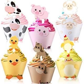 60 Pieces Farm Animal Cupcake Wrappers and Toppers for Farm Theme Party - Cupcak