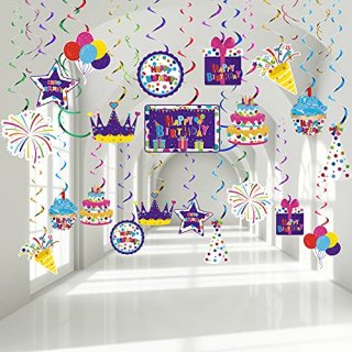 30 Pieces Happy Birthday Hanging Swirl Decorations Colorful Cupcake Balloons Sig