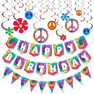 15 Pieces Tie Dye Party Happy Birthday Banner Pennant Banner and 60's Hippie The