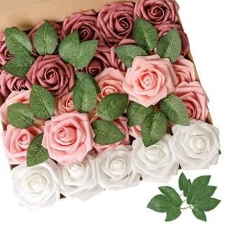 AmyHomie Artificial Flower Shades of Rose 25pcs Real Looking Fake Roses w/Stem f