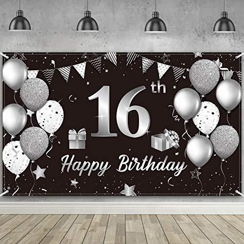 Happy 16th Birthday 背景バナー 特大ファブリック ブラック