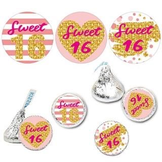 Sweet 16 Kisses Stickers 16th Birthday Party Round Candy Sticker Favors Pink Swe