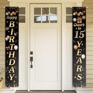 Happy Birthday Cheers to 15 Years Black Gold Yard Sign Door Banner 15th Birthday