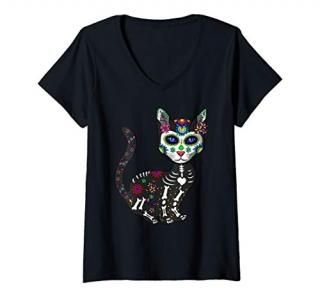 Womens Craneo De Gato Sugar Skull Cat Halloween Dia De Los Muertos V-Neck T-Shir