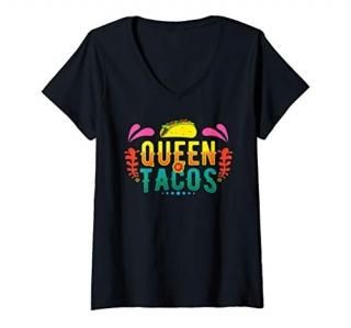 Womens Queen Of Tacos Funny Cinco De Mayo Mexican Girlfriend Gift V-Neck T-Shirt