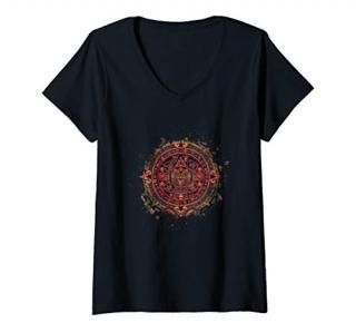 Womens Aztec Calendar Mexican Native Mayas Mayans Art V-Neck T-Shirt