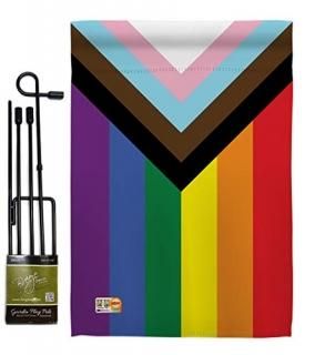 Progress Pride Garden Flag - Set with Stand Support Rainbow Love LGBT Gay Bisexu