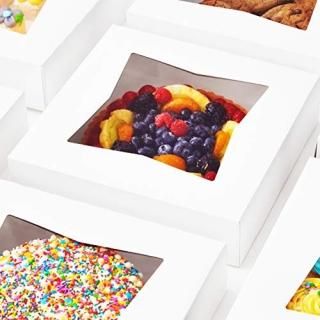 Gourmet 10in White Bakery Boxes 25 Pk. Cute Window Displays for Pies Cakes Cupca