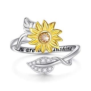 Sterling Silver You are My Sunshine Sunflower CZ Heart Ring Adjustable Size 6