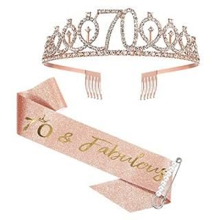70th Birthday Sash and Tiara for Women Rose Gold Birthday Sash Crown 70 & Fabulo