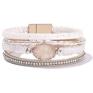 Leather Wrap Bracelet Boho Cuff Bracelets Crystal Bead Bracelet with Magnetic Cl