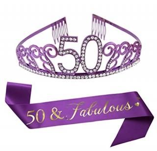 50th Birthday Purple Tiara and Sash Purple Glitter Sash Crystal Rhinestone Tiara