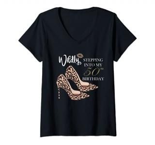 Womens Stepping Into My 50th Birthday Leopard Print Cheetah Heels V-Neck T-Shirt