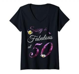 Womens 50 Year Old Sassy & Fabulous Floral 1971 50th Birthday Gift V-Neck T-Shir