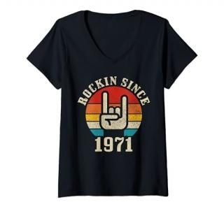 Womens Rockin' Since 1971 Vintage Rock Music 50th Birthday Gift V-Neck T-Shirt