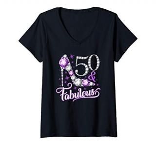 Womens 50th Birthday design. 50 & Fabulous women's ladies V-Neck T-Shirt