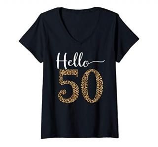 Womens Hello 50 Years Leopard Print 50th Birthday Party Woman Gift V-Neck T-Shir