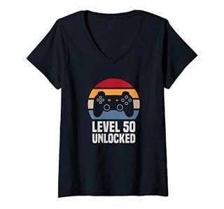 Womens Level 50 Unlocked 50th Birthday 50 Years Old Video Gamer V-Neck T-Shirt