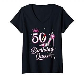 Womens 50 Birthday Queen Funny 50th Birthday Gift V-Neck T-Shirt