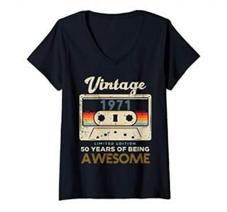 Womens Vintage 1971 Cassette Tape 50 Awesome 50th Birthday Gift V-Neck T-Shirt