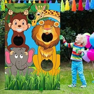 Safari Animals Toss Games Banner with Bean Bags Jungle Wild Animals Backdrop Zoo