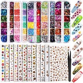 12 Sheets Nail Art Sticker 3D Self-Adhesive Teenitor Nail Art Decoration with 5 