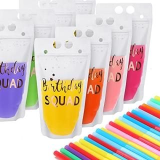 20 Pieces Birthday Squad Drink Pouch Bag with Straw Heavy Duty Hand-held Translu