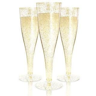 24 Plastic Champagne Flutes Disposable  Gold Glitter Plastic Champagne Glasses f