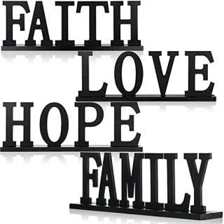 4 Pieces Love Faith Hope Family Wood Word Sign Black Wooden Cutout Letter Table 
