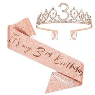 3rd Birthday Sash and Tiara for Girls Rose Gold Birthday Sash Crown 3 & Fabulous